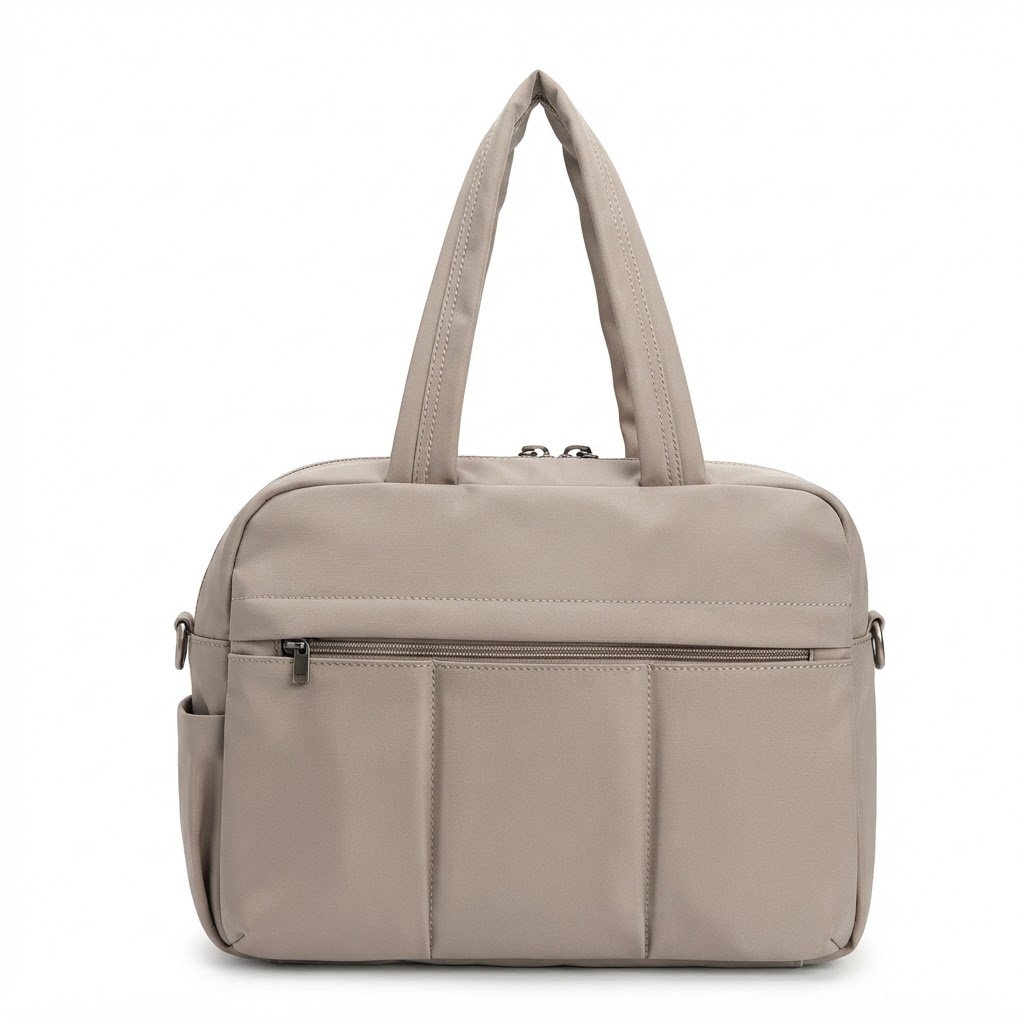Elyzore Beige Khaki Nylon Canvas Tote Bag with Front Zip Pocket for Women