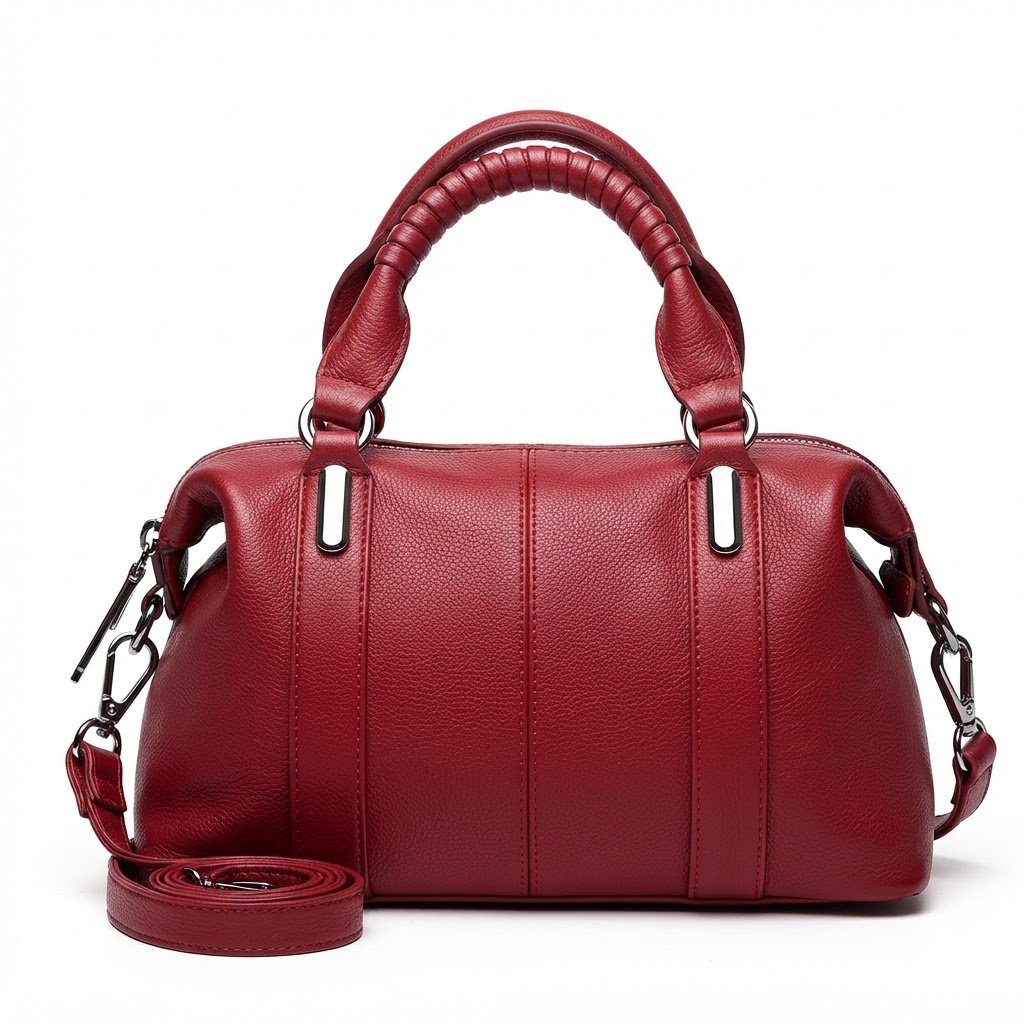 Elyzore Classic Soft Leather Handbag in Burgundy Red with Wrapped Top Handles for Women