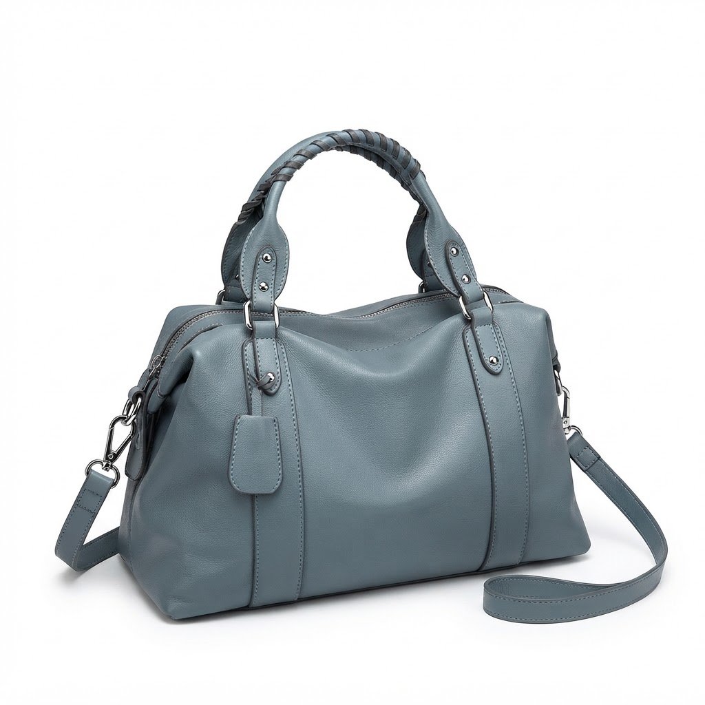 Elyzore Classic Dusty Blue Soft Leather Handbag with Braided Top Handle for Women