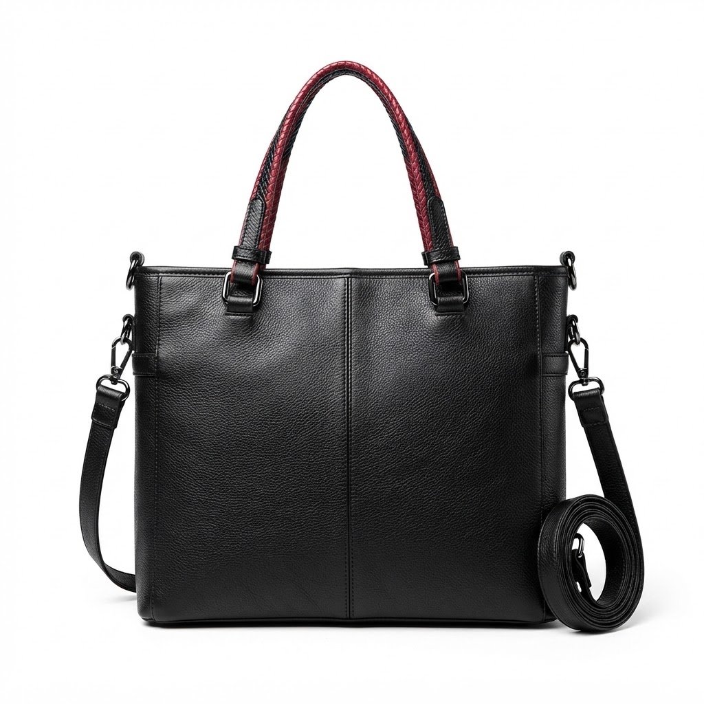 Elyzore Executive Black Leather Tote Bag with Burgundy Straps for Women
